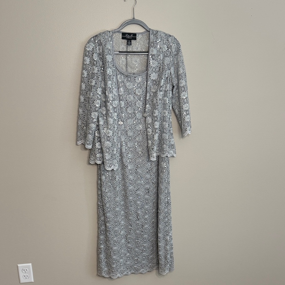 R&M Richards Silver Sequin Lace Dress with Jacket